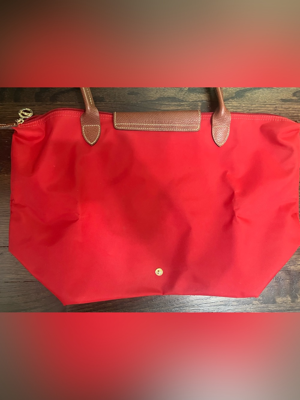 Longchamp Le Pliage Large Red Nylon Tote Bag Brown Leather Handles - Picture 4 of 8